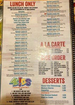 Menu of sides and desserts