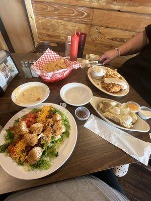 Chips & Queso, Chicken tender salad, chicken fried chicken plate