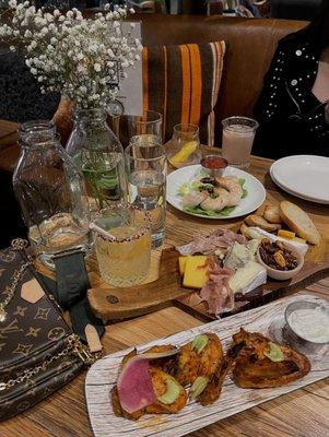 Spicy Chicken Wings, Shrimp Cocktail, and Charcuterie Board