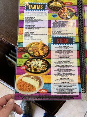 Fajitas and Steak menu