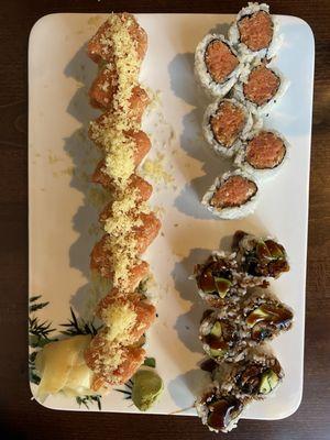 Left: Crunchy Fire Roll Top right: Spicy Tuna Roll Bottom right: Eel Avocado Roll