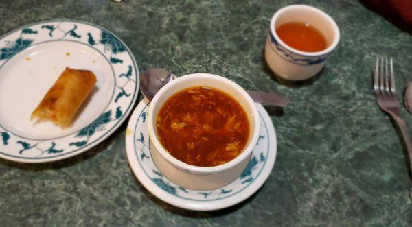 Hot and sour soup with the remnants of my favorite spring roll