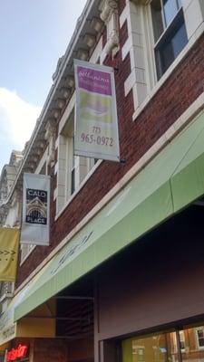 Bellanina Facelift Massage banner flies on the Historic Calo Theater Building in Andersonville -- Chicago, IL