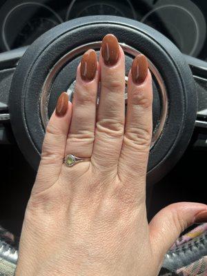 Ugly, haphazard dip and weird shaped nail on my ring finger (the nail tech acknowledged during service and did nothing to resolve).