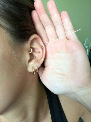 Helix piercing with rose gold flat back