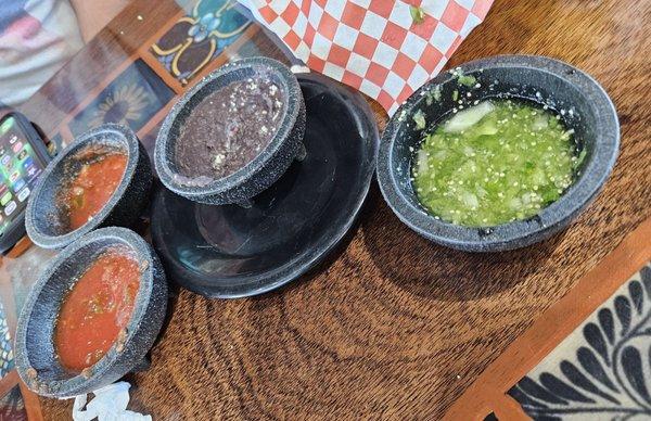 Red Salsa ,Green Salsa, and Warm Black Beans