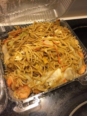 Spicy shrimp chow mein.. I bought my own chili peppers for them to cook into this dish