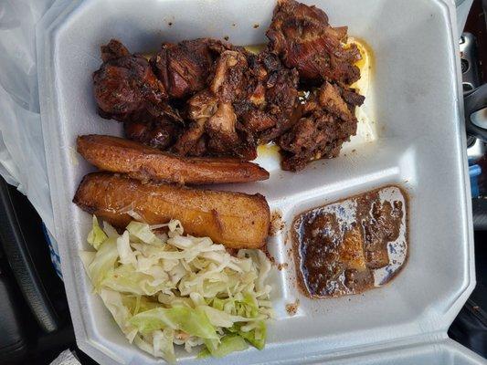 Stewed Chicken Plate w/ Cabbage,Plantains and Mango Salsa ( minus the rice and peas at my request)