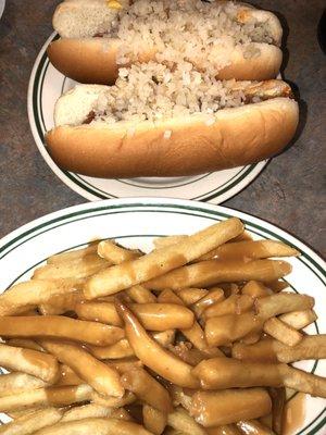 Hot dog with "everything" and fries with gravy