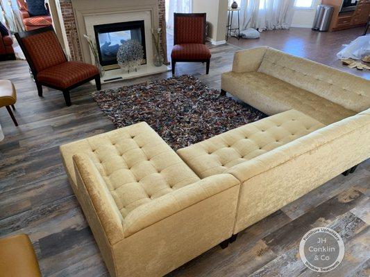 Biscuit tufted sofa reupholstered in Logan Twp