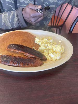 Hotlinks and eggs with A Short Stack(2 pancakes)