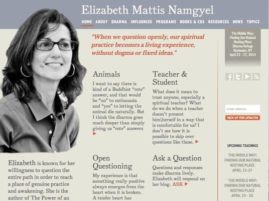 Custom web site for Buddhist teacher and author, Elizabeth Mattis Namgyel.