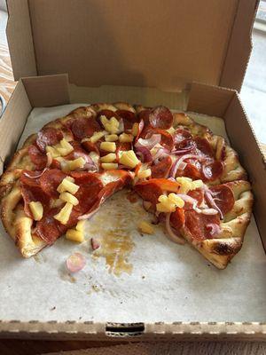 Pepperoni, Pineapple, Onion, Extra Cheese and crispy crust