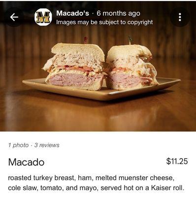 Sandwich shown on menu