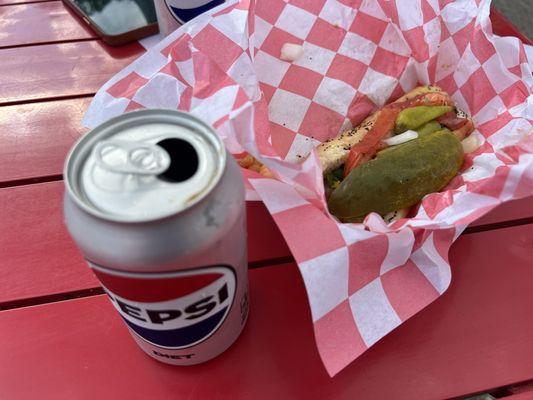 Chicago style dog with Diet Pepsi