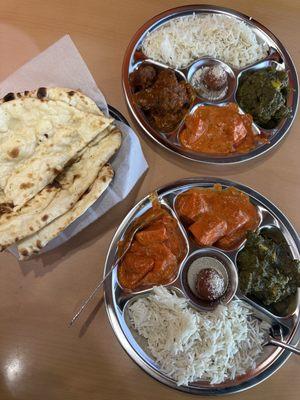 goat curry, chicken tikka masala, saag paneer, naan bread