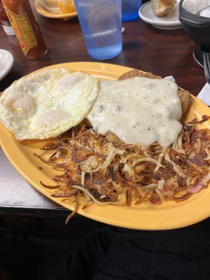 Country fried steak, hash browns, eggs