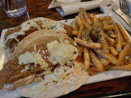 Baja tacos with fried fish and Greek fries