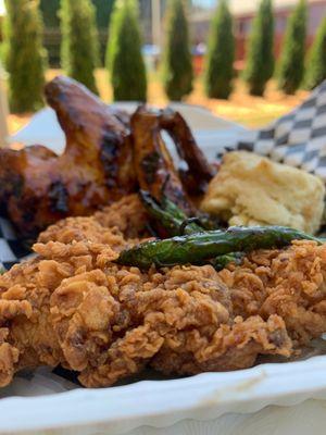 Chicken strips, chicken wings, green beans and cute biscuits.