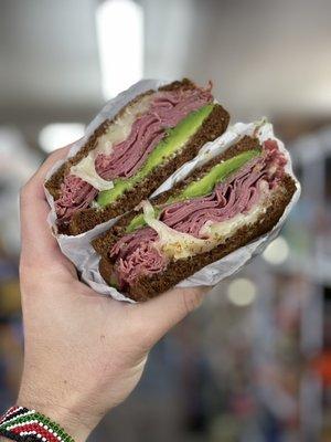 Hot Pastrami Swiss and Avocado on Dark Rye