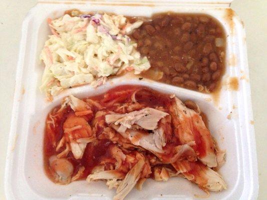 Pulled chicken with baked beans and slaw.