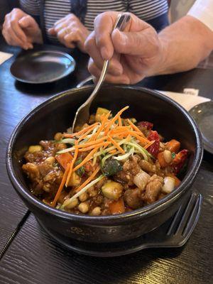 Kung Pio Chicken Bibimbap and shrimp dumplings