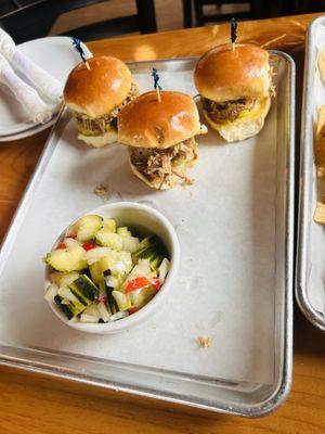 Brisket sliders with cucumber salad. Absolutely delicious and flavorful!