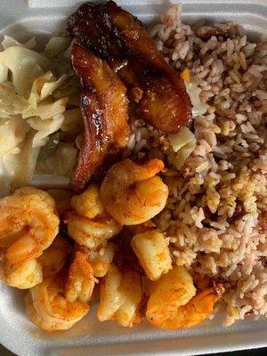 Curry Shrimp w/ Rice & Peas, Steamed Vegetables