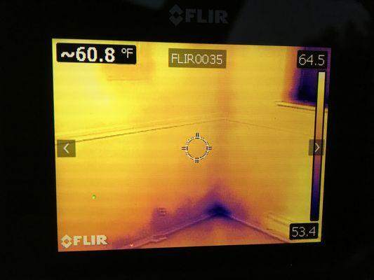 Thermal imaging shows issues at this basement wall that are not visible to the naked eye.