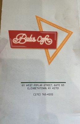 Bub's Cafe Menu