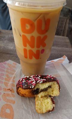 Original blend iced coffee caramel swirl and their new Brownie Batter heart shaped donut.