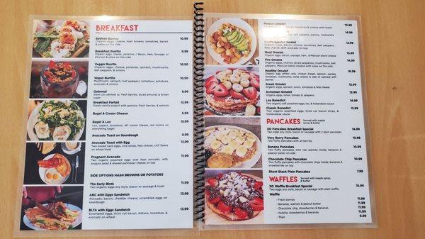 Breakfast, pancakes, waffles menu