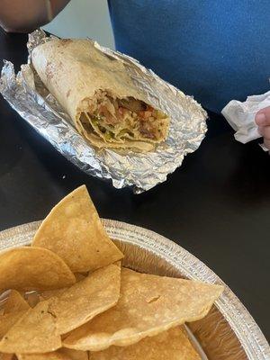 Burritos come with a big foil pan of warm and crispy tortilla chips