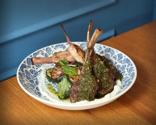 Grilled Lamb Rack Wood-Fired Zucchini, Pistachio, Mint