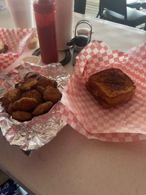 Grilled cheese with pepper jack and bacon, and fried pickles