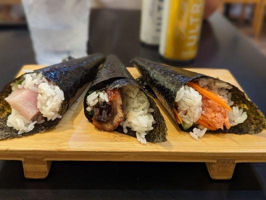 Hamachi, unagi and spicy ahi temaki