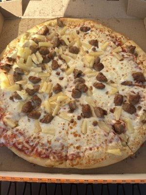 Extra Sausage and Pineapple pizza.