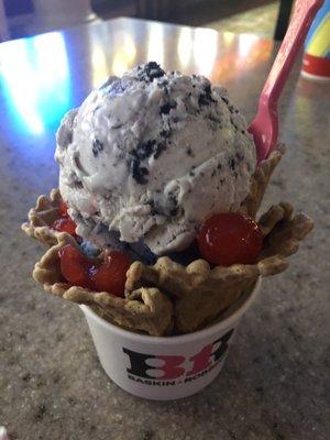 Waffle cup with Beach Days and Cookies and Cream. Cherries added. Yum!