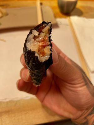 Half eaten Negitoro handroll. Got too excited