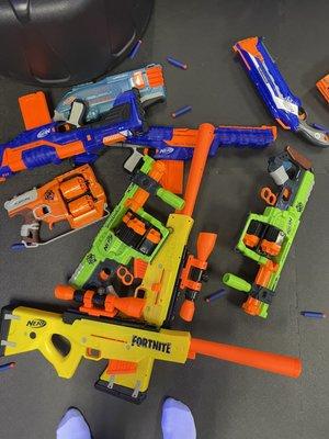 Just a small sampling of nerf guns. If they jam, easily exchange for a new one.