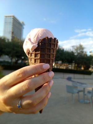 Cotton candy in a chocolate waffle cone