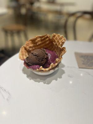 Darkest chocolate and purple star born in a waffle bowl