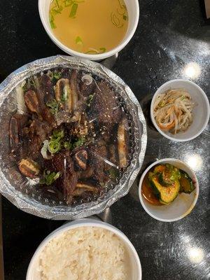 LA Galbi, soup, rice, cucumber, mung bean sprout!   All is good!