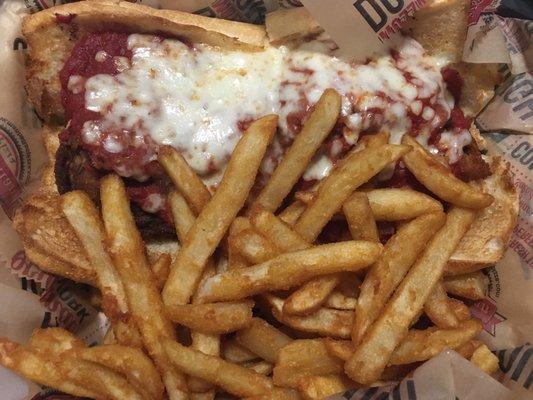 Eggplant Parmesan sandwich with fries!