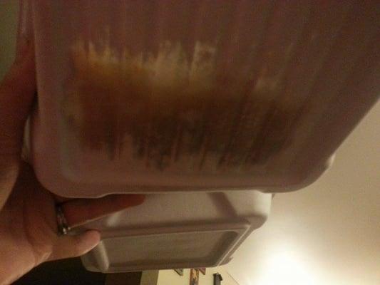 Grease going through the bottom of the container. You can see my food through the bottom.