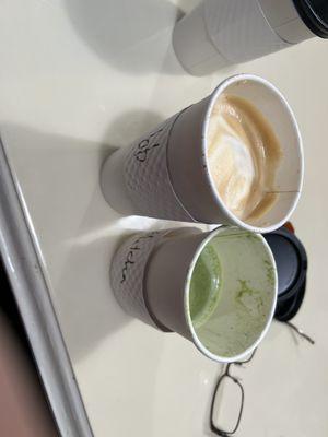 Matcha latte, brown butter coffee