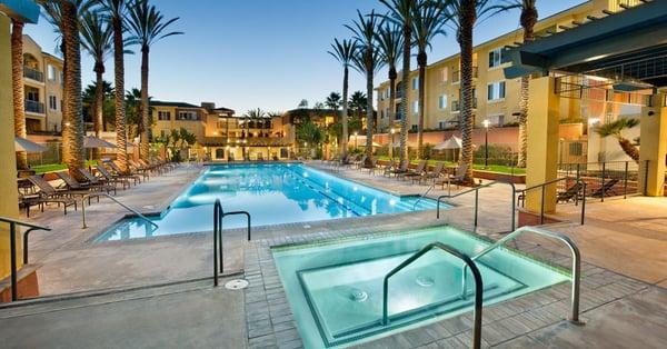 Hot tub and a resort-style swimming pool