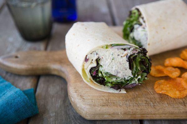 Chicken Salad Wrap w/ almonds, greens, red onion & Cabot cheddar