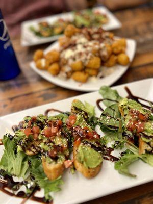 Avocado Toast Bruschetta and a poutine tater tot "bowl".