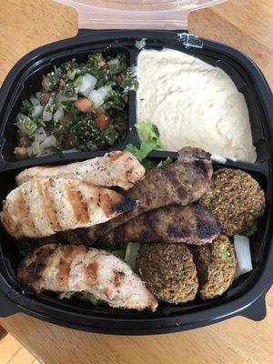 Trio platter $13.75. Hummus & Tabouleh. 3ea Chicken, Gyro, Falafel over lettuce.